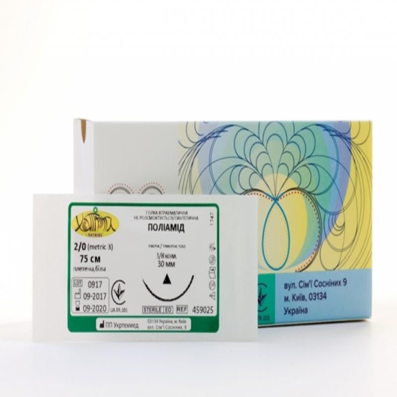 Голка атравматична, USP3/0 (М2), 26 мм, 3/8, звичайна ріжуча, трикутне тіло, одноголкова, ПОЛІАМІД, плетена з фторполімерним покриттям, синя, 75 см